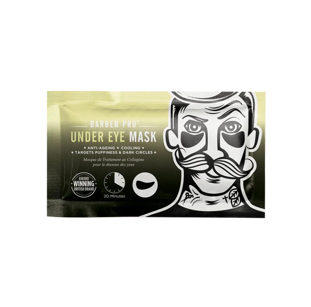 Barber Pro under eye mask packaging with a stylized face design on a white background