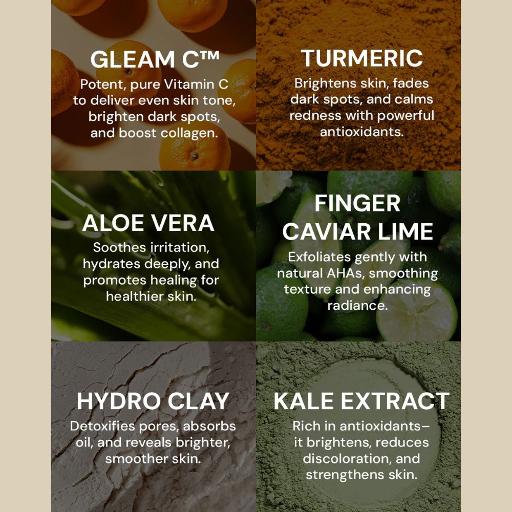 Product ingredients with text on a beige background