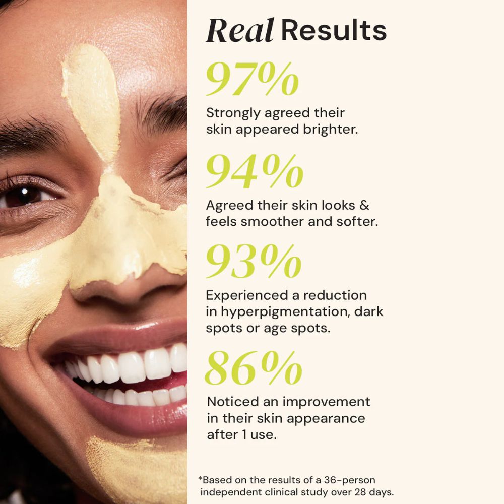 Woman applying a skincare product with statistics on skin improvement.