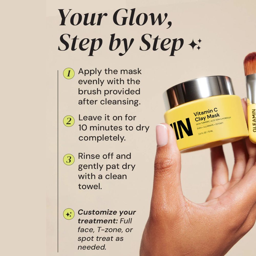 Gleam Vitamin C Clay Mask with application instructions on a beige background
