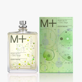 A clear rectangular perfume bottle with a silver cap next to its matching green and light green box. Both the bottle and box feature the text 'M+' and 'Molecule 01 + Clary Sage' with abstract circular and linear graphic designs.
