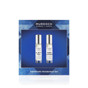 Murdock London Signature Fragrance Set containing two 10ml travel perfume bottles: Black Tea and Soho Leather, presented in a blue geometric box.